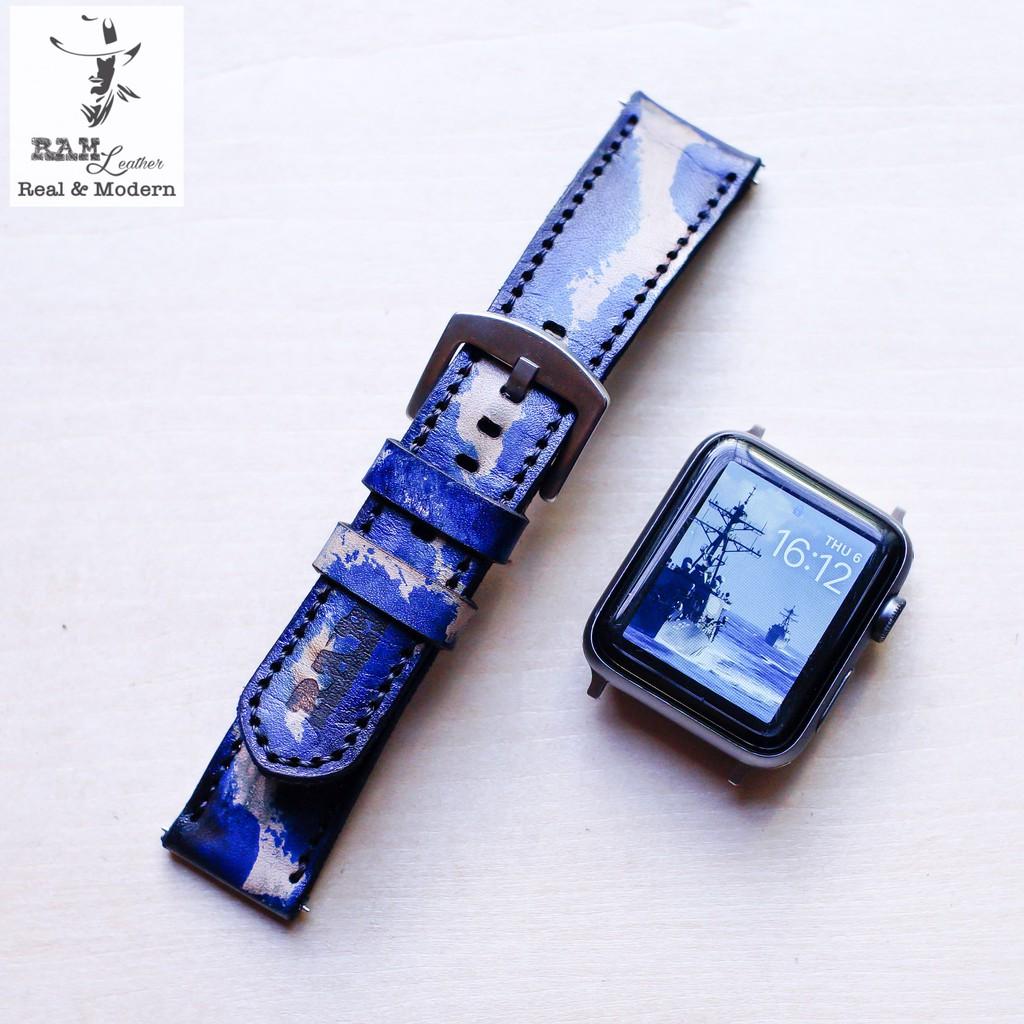 Dây đồng hồ RAM Leather da bò vegtan thảo mộc rằn ri xanh hải quân - tặng khóa chốt và cây thay dây