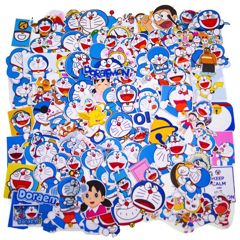 Hộp 100 Sticker hình dán Doraemon dán Laptop, Vali, Mũ bảo hiểm, Điện thoại, Xe máy