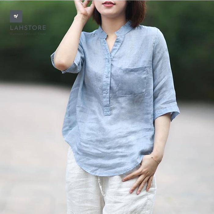 Áo sơ mi tay lỡ nữ cổ tàu bổ trụ LAHSTORE, phong cách Hàn Quốc cho mùa hè 2022 năng động