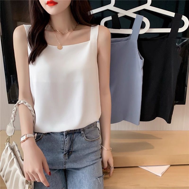 Áo hai dây lụa cổ vuông mặc trong vest, blazer Áo lụa 2 dây có size - New Design AO0010