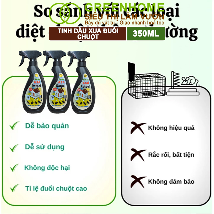 Tinh Dầu Xua Đuổi Chuột Greenhome, ASA Rapel, Chai 350ml, Thảo Mộc, An Toàn Cho Người Và Vật Nuôi