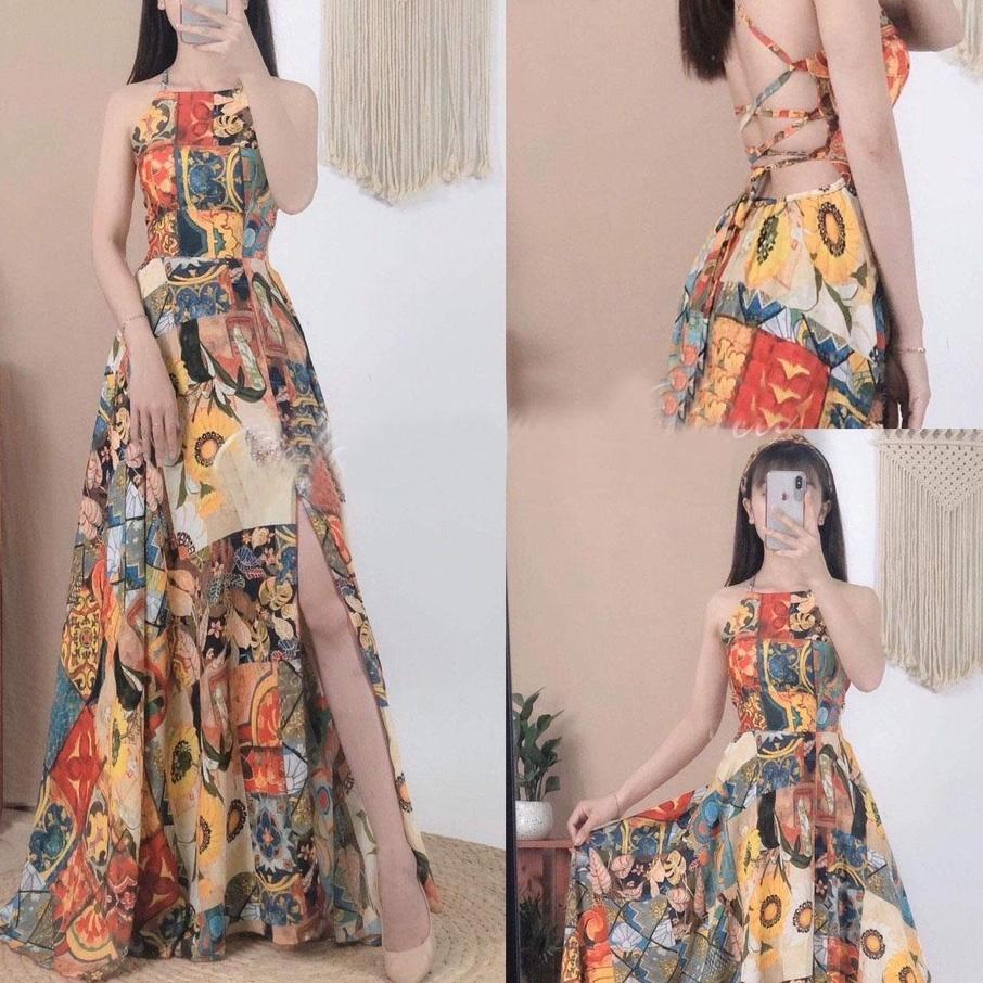 Váy đầm maxi họa tiết thổ cẩm đi biển đan 2 dây hở lưng xẻ tà SAVVY Boho vintage dress cao cấp