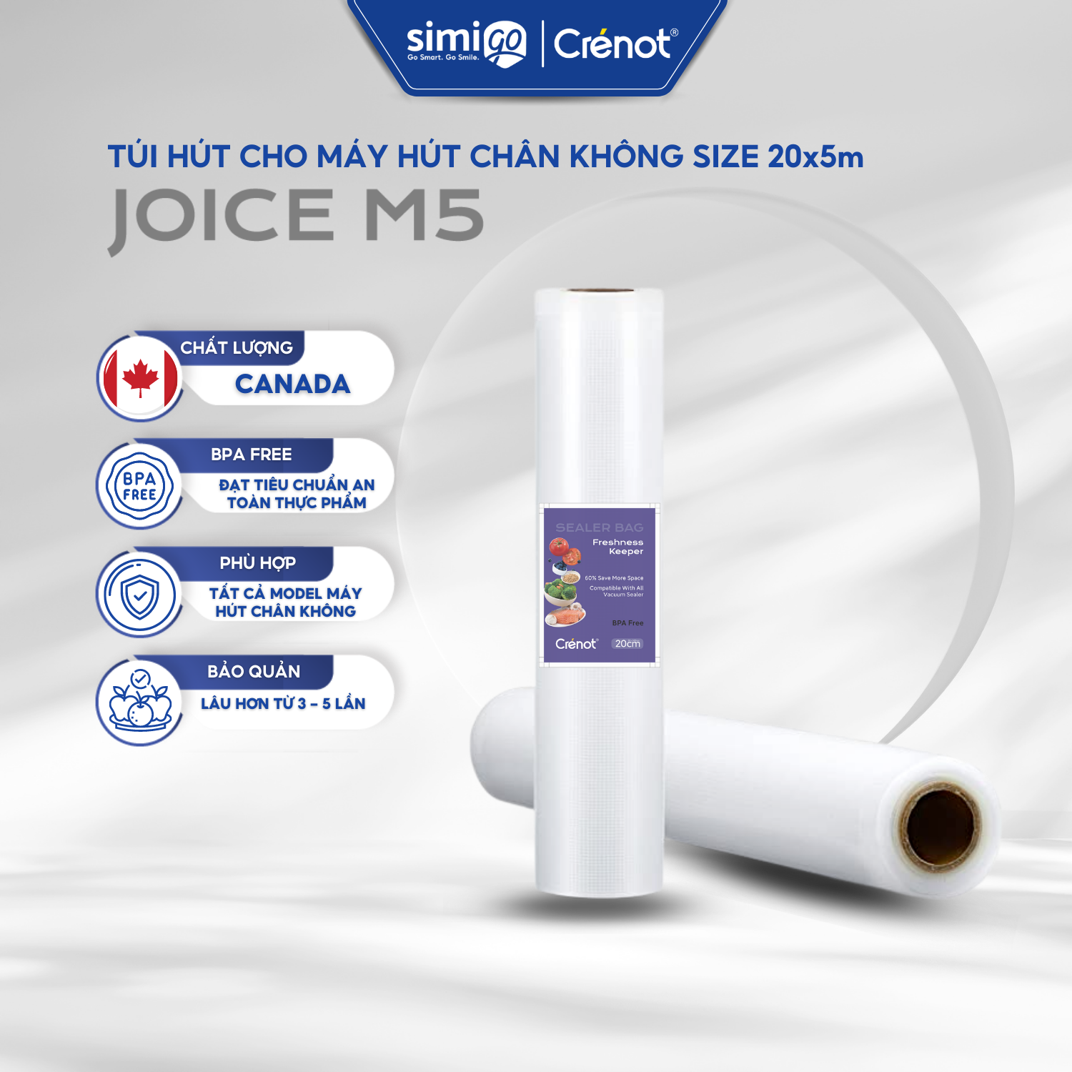 Túi Hút Chân Không Mặt Nhám Crénot Joice M5 Bảo Quản Thực Phẩm An Toàn 1 Cuộn 500cm