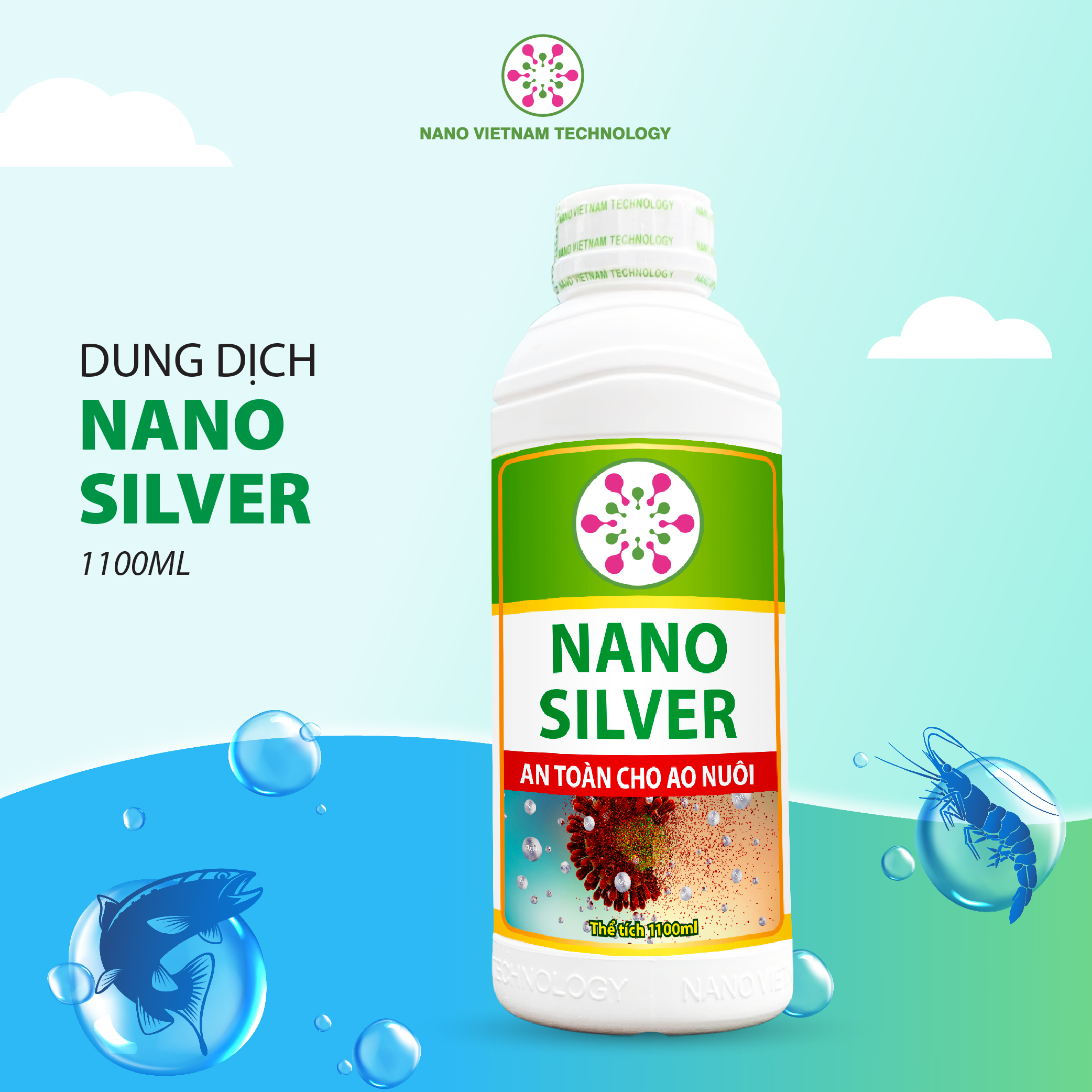 Dung dịch Nano Bạc - Nano Silver Xử lý nấm, vi khuẩn, tảo có hại, làm trong nước bể cá, ao nuôi, khử mùi hôi tanh cho tôm, cá, thủy sản 1000ml