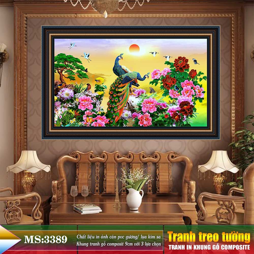 Tranh treo tường phòng khách, phòng ngủ Chim công PHÚ QUÝ BÌNH AN chất liệu pvc gương / lụa kim sa. MS:3389L9