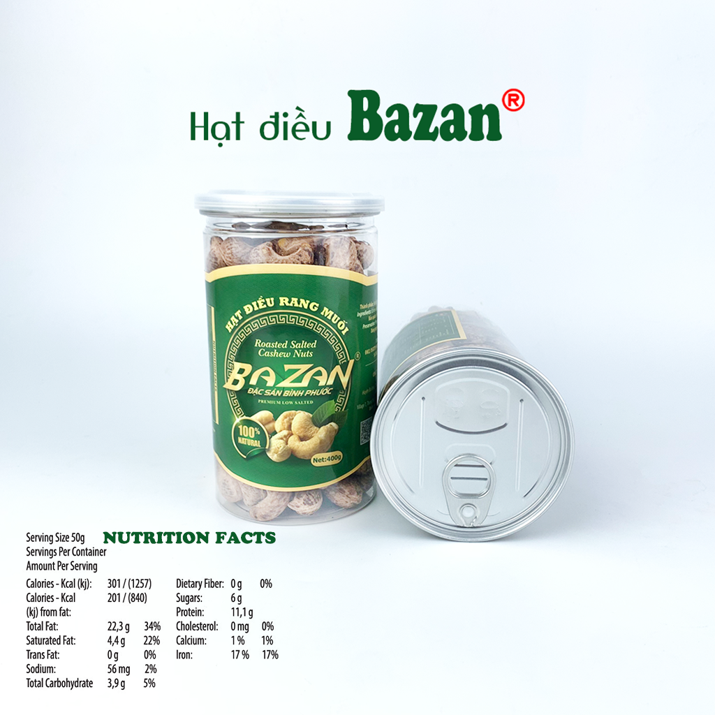 Hạt điều rang muối Bazan Bình Phước nguyên hạt dinh dưỡng A+ loại 1 hộp 400g nắp bật còn vỏ lụa