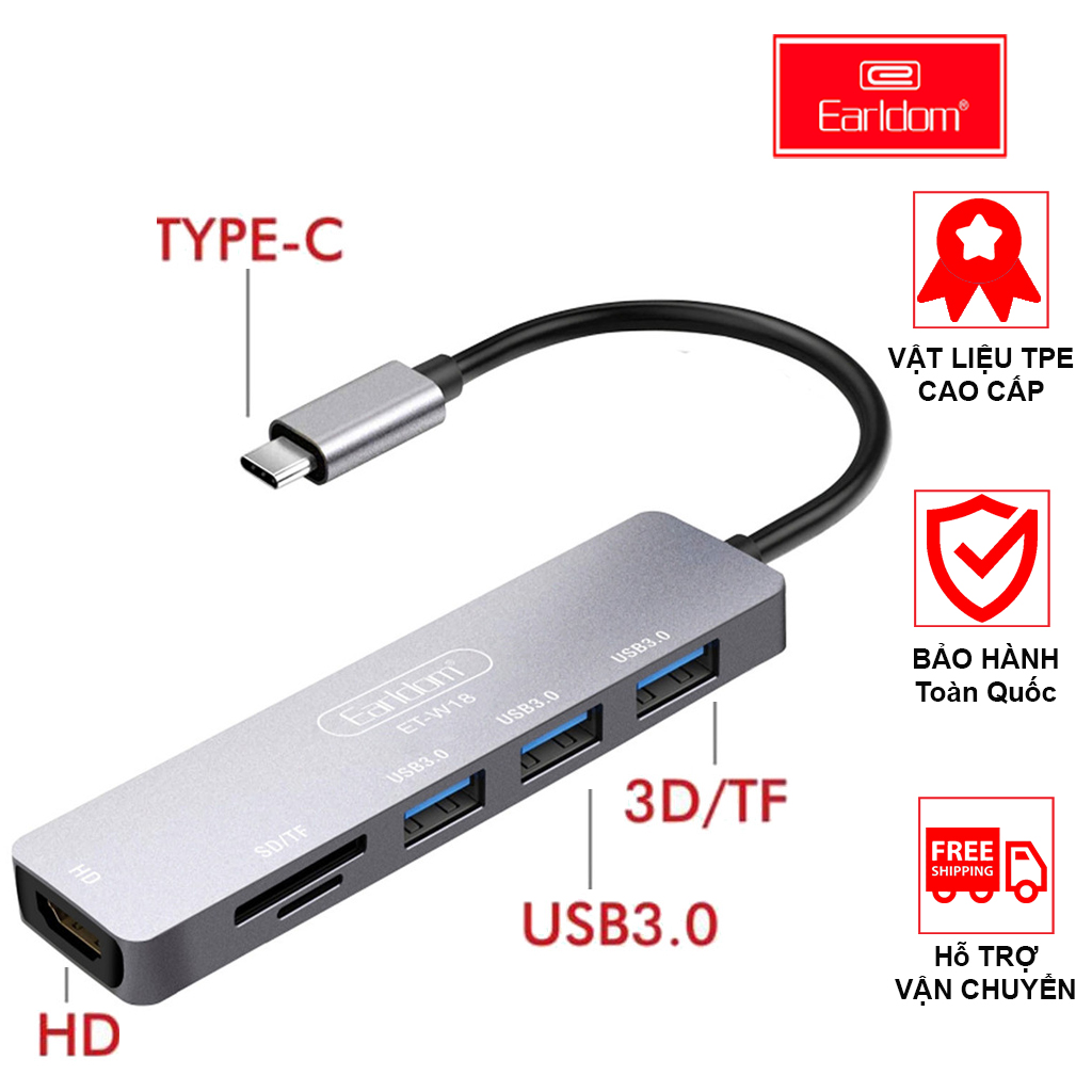 Thiết bị Earldom W18 hỗ trợ chuyển đổi từ cổng USB TypeC 6 in 1(USB TypeC 6 to HDMI + 3 USB 3.0 + SD Card Reader + TF Card Earldom W18) - hàng chính hãng