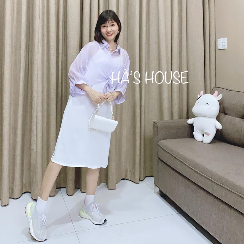 Đầm trắng dây phối áo sơ mi voan hàn màu tím pastel