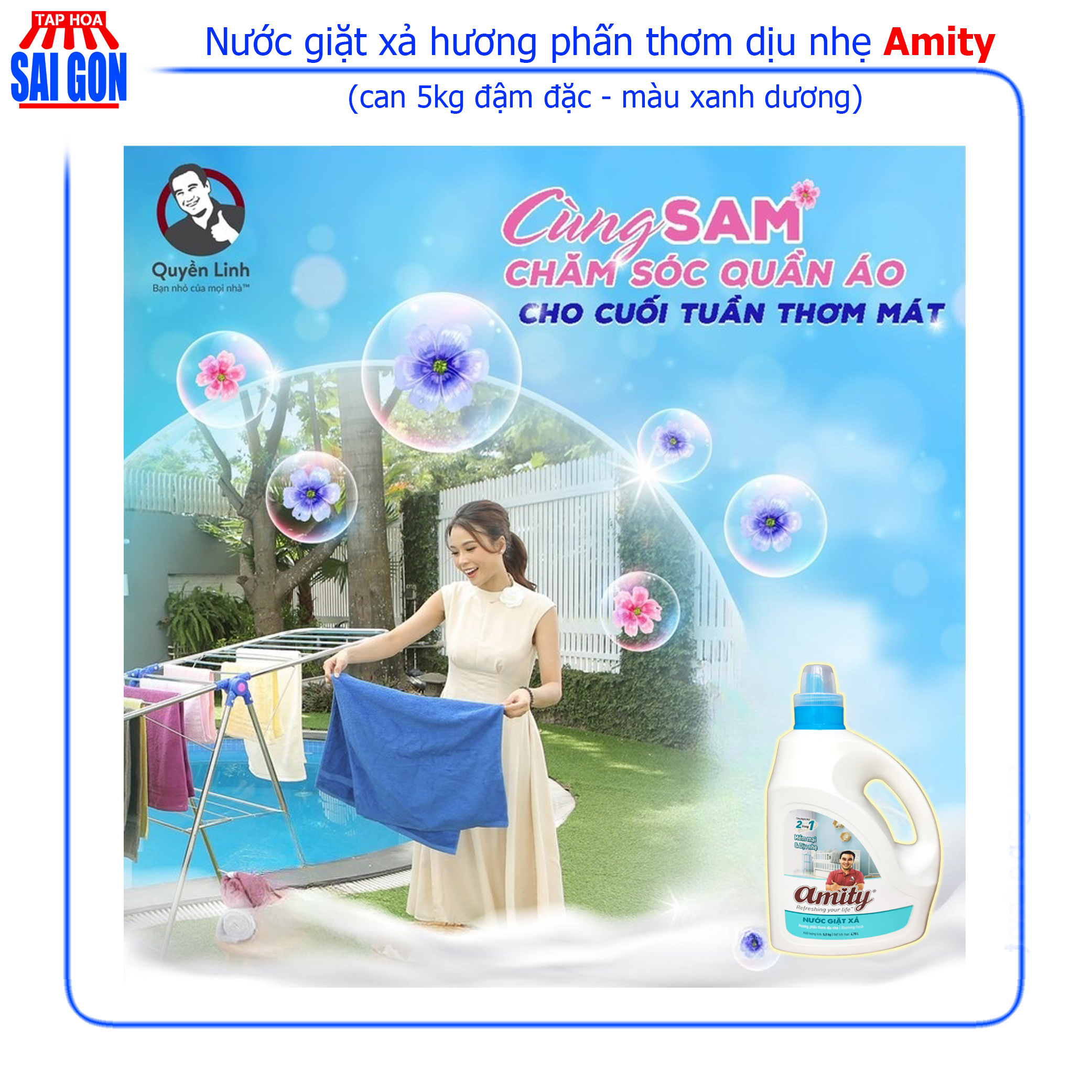 Nước Giặt Xả Amity hương phấm thơm dịu nhẹ (xanh dương) can 5kg giúp giữ mùi thơm nhẹ nhàng suốt cả ngày