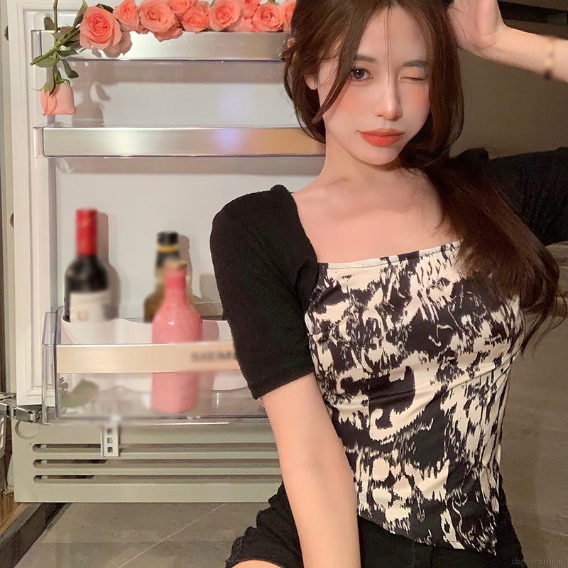 Áo Thun Tay Ngắn Cổ Vuông Thiết Kế Độc Đáo Cá Tính Cho Nữ