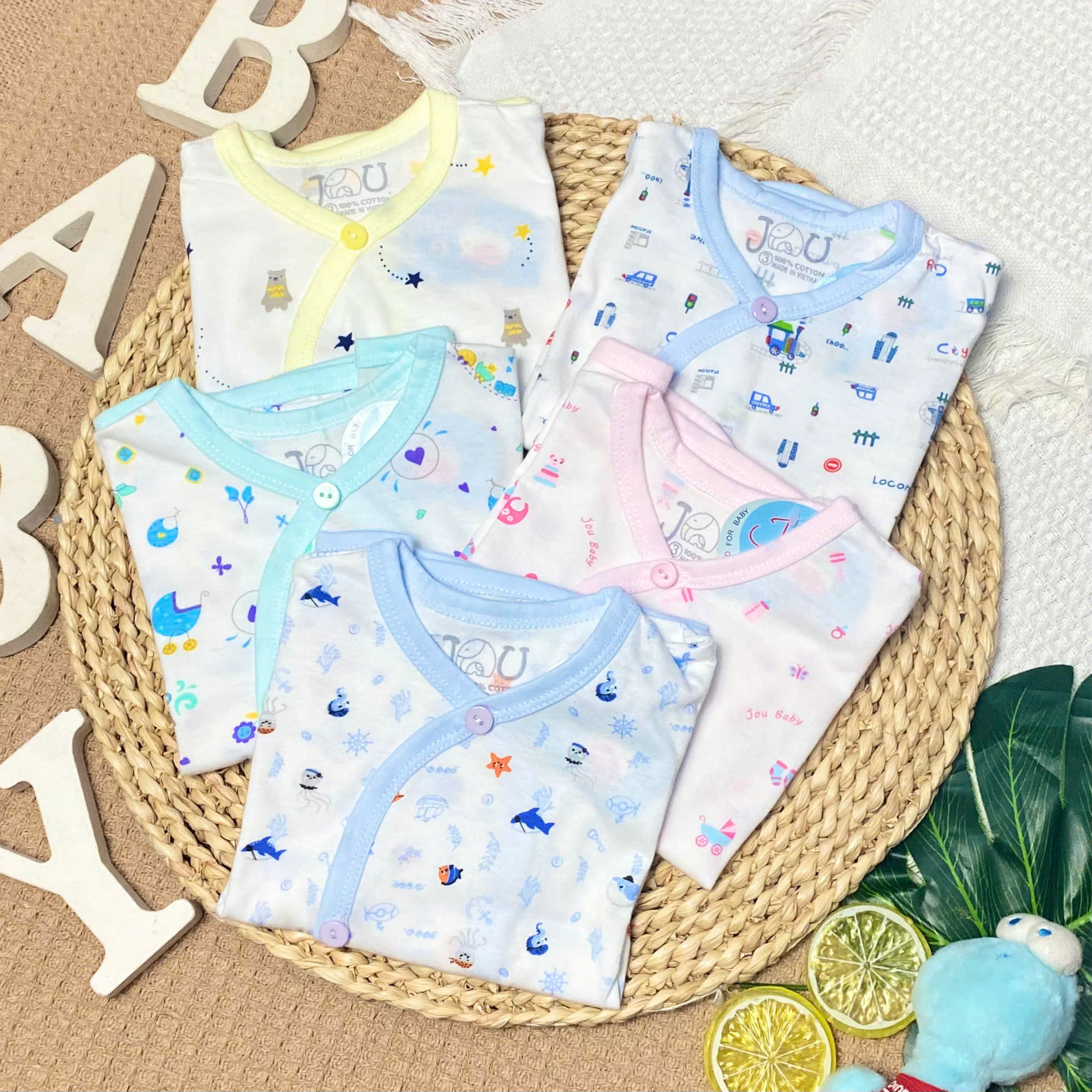 (J09TD) ÁO CÀI XÉO TAY DÀI HỌA TIẾT JOU cho bé 3-9kg - Size 2 (5-7kg)