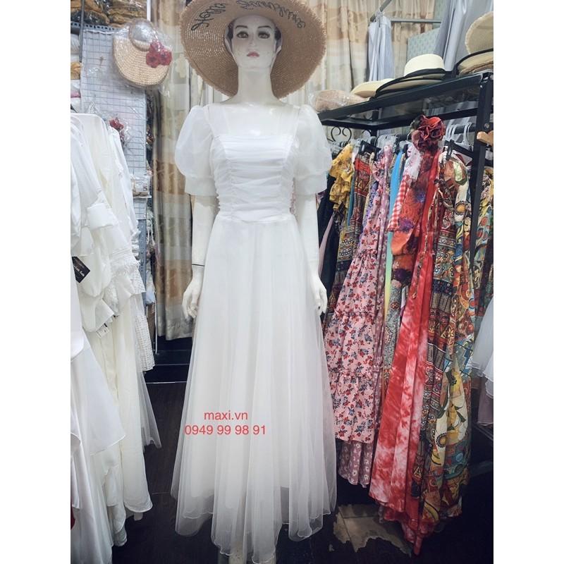Đầm maxi trắng cổ vuông xốp