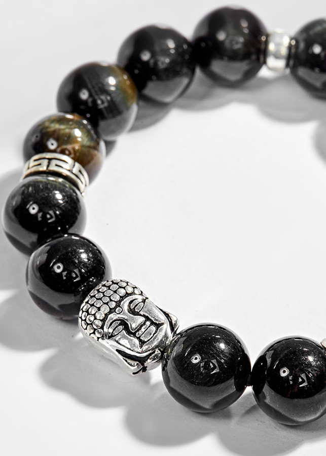 Vòng tay thạch anh mắt hổ xanh đen phối charm phật bạc (10mm) Ngọc Quý Gemstones