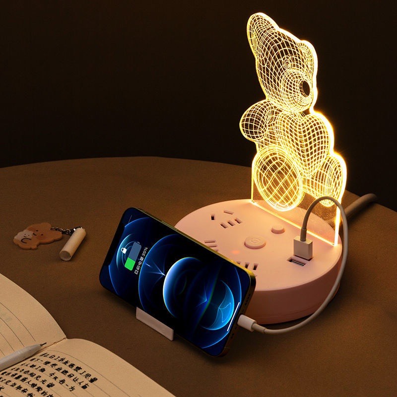 Đèn ngủ led 3d trang trí - Ổ cắm điện đa năng - Đế kê điện thoại - Món quà độc đáo