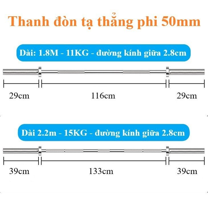 Thanh đòn tạ thẳng phi 50, chất liệu thép mạ inox 1.8m + 2 kẹp khóa