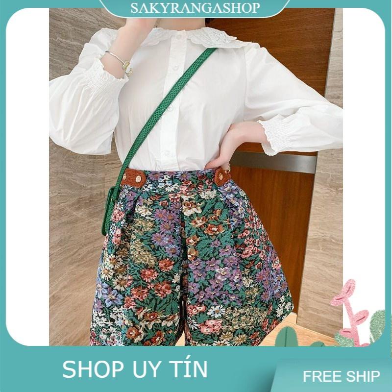 SET ÁO SƠ MI CỔ REN QUẦN GẤM HOA CAO CẤP
