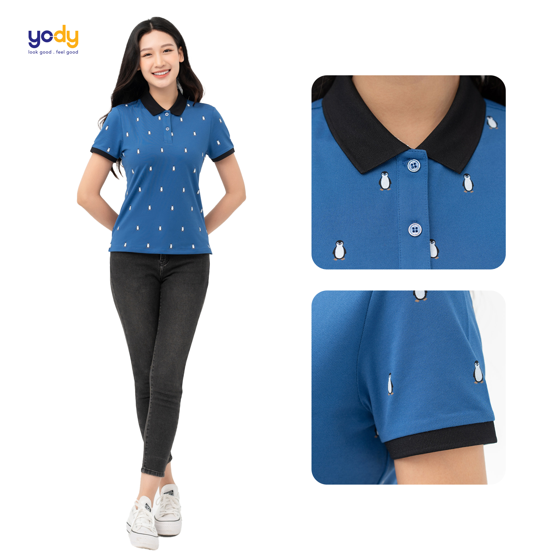 Áo thun polo nữ YODY In chim cánh cụt mềm mịn co dãn năng động APN6176