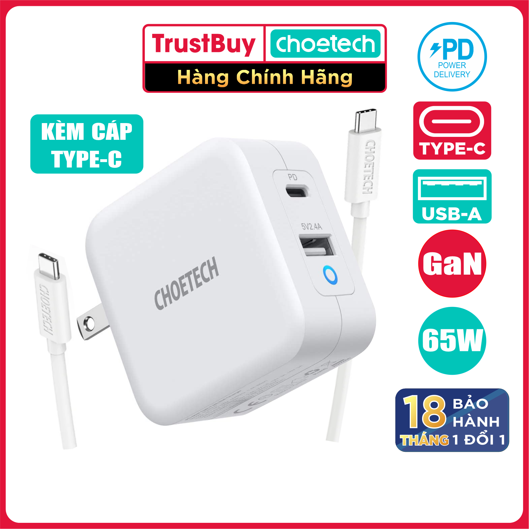 Adapter Củ Sạc Nhanh GaN 65W 1 Cổng USB, 1 Cổng Type C CHOETECH PD8002 Kèm Cáp Type C 65W Sạc Cho Macbook, Laptop, Smartphone - Hàng Chính Hãng