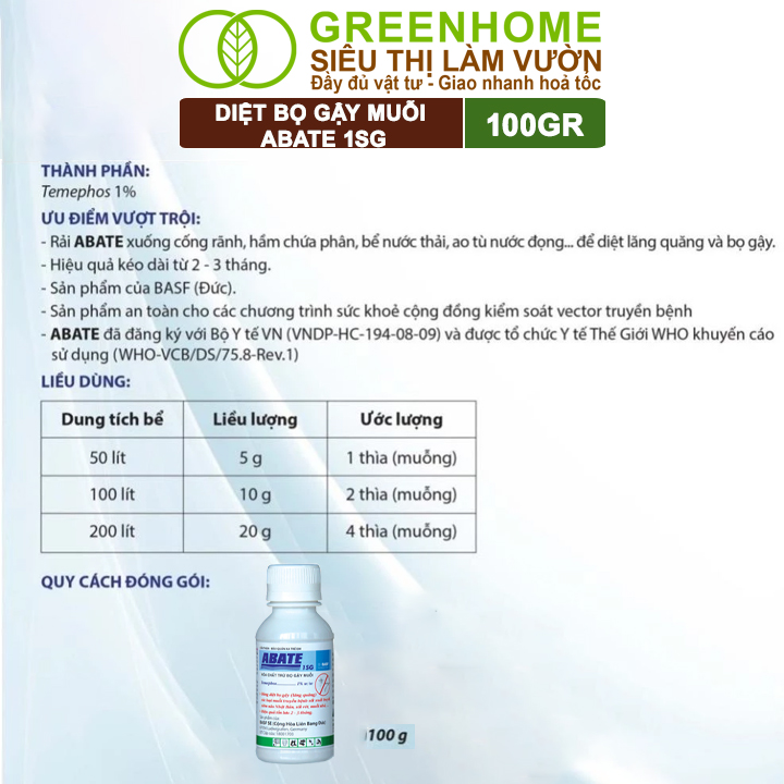 Chế Phẩm Diệt Bọ Gậy, Muỗi Greenhome, Abate 1SG, Chai 100Gr, Ngắn Ngừa Bệnh Sốt Xuất Huyết, Sốt Rét