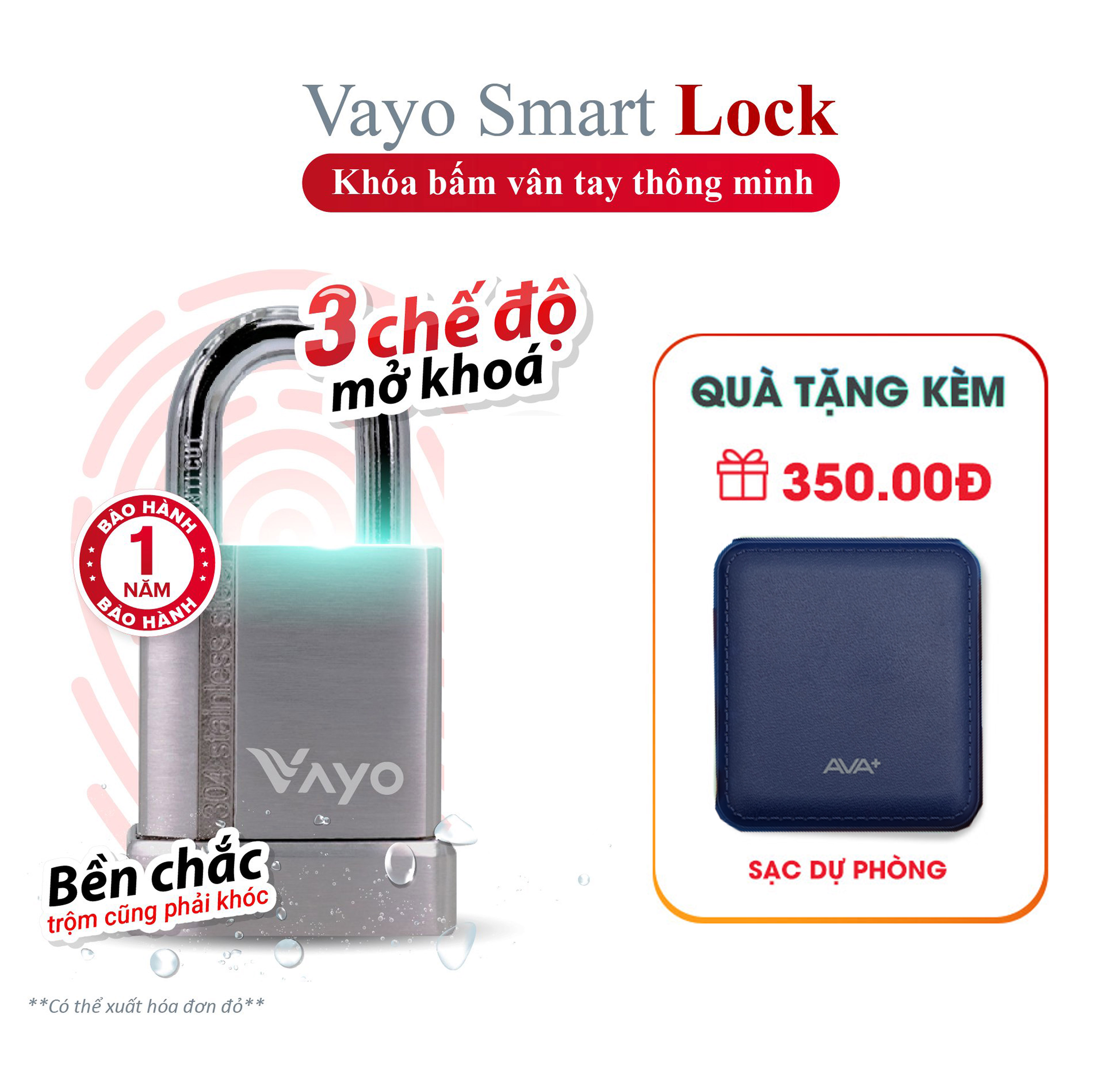 Khóa vân tay chống trộm thông minh Vayo Smart Lock - Thép SUS 304 siêu bền chắc, điều khiển qua ứng dụng