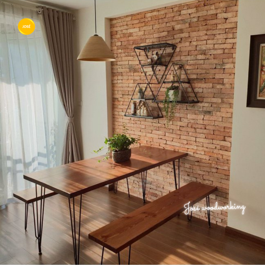 Bàn Làm Việc Chân Sắt Màu Rustic Nâu Sẫm Phong Cách Cổ Điển Gỗ Thông Nhập Khẩu Dày ~4cm