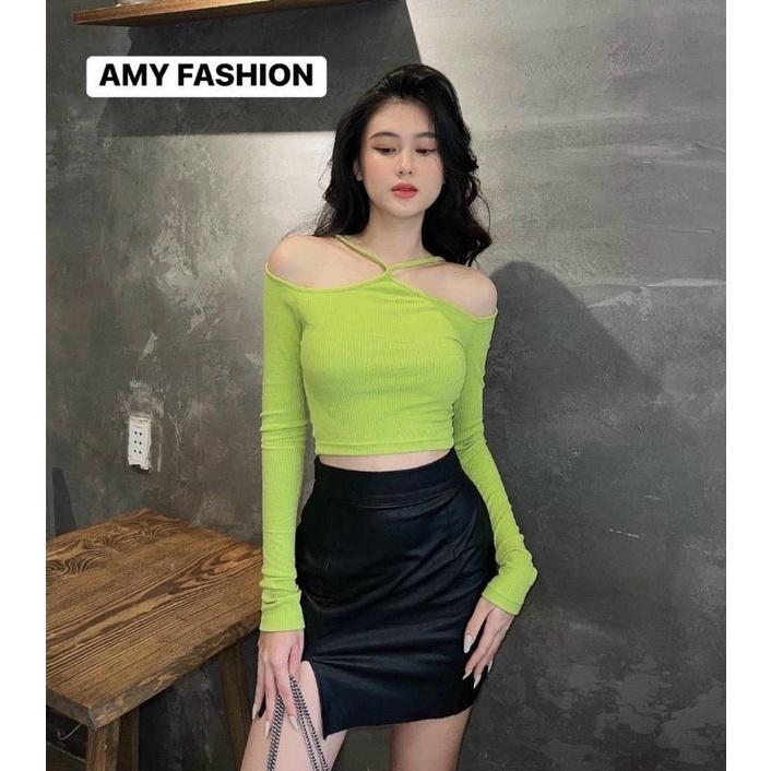 Áo hở vai dài tay cổ choker chất thun tăm đẹp