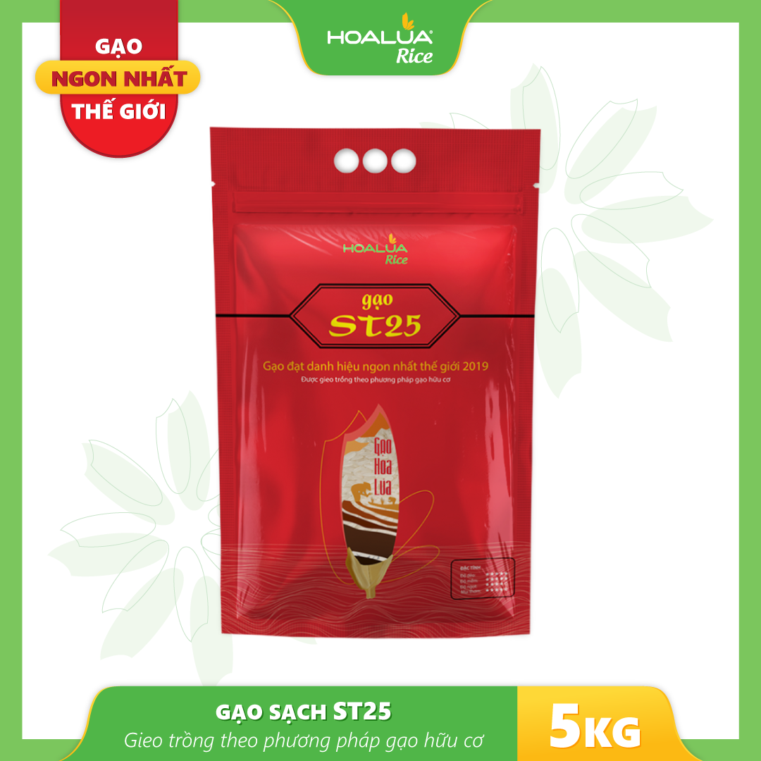 Gạo ST25 túi 5kg - Dẻo nhiều, mềm cơm, có vị ngọt đậm, thơm lá dứa.
