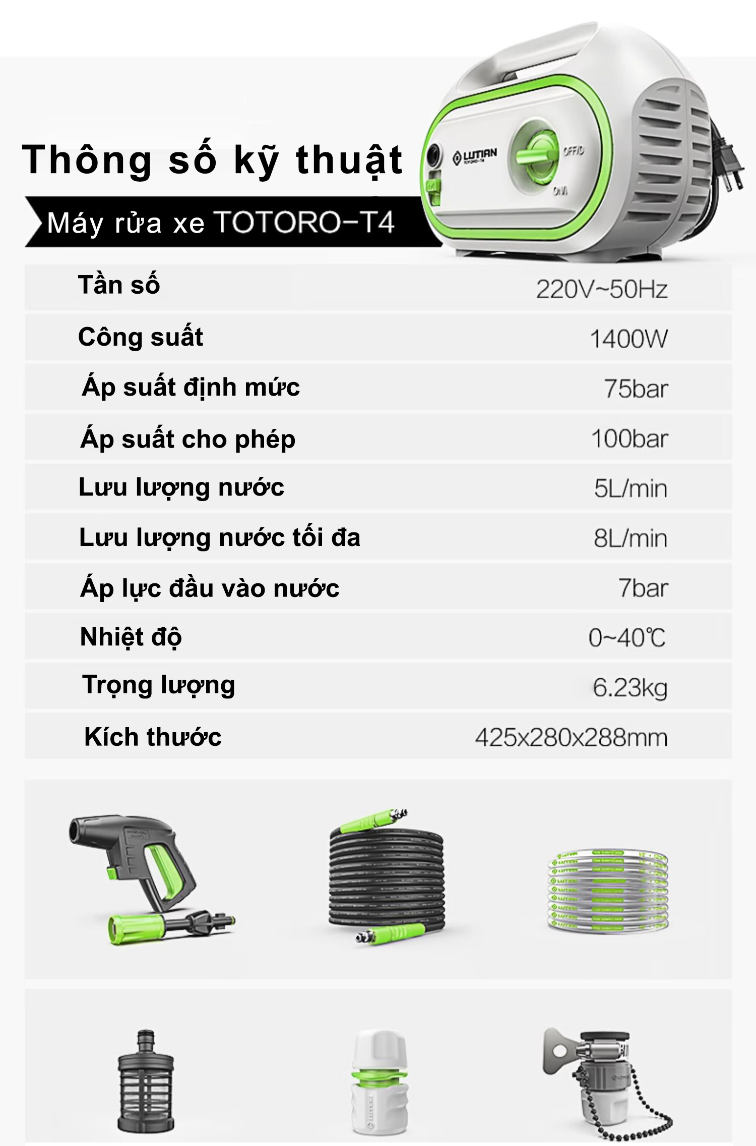 Máy Rửa Xe Áp Lực Cao ABG Lutian Totoro-T4 Công Suất 1400w 100bar, Máy Phun Xịt Rửa Xe Cao Áp, Chuyên Dụng Cho Cửa Hàng Rửa Xe, Nhà, Xưởng Công Nghiệp - Hàng Chính Hãng