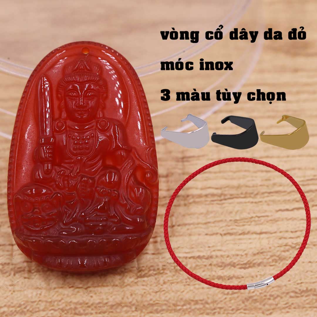 Mặt Phật Văn thù mã não đỏ kèm vòng cổ dây da đỏ + móc inox vàng, mặt dây chuyền Phật bản mệnh, vòng cổ mặt Phật