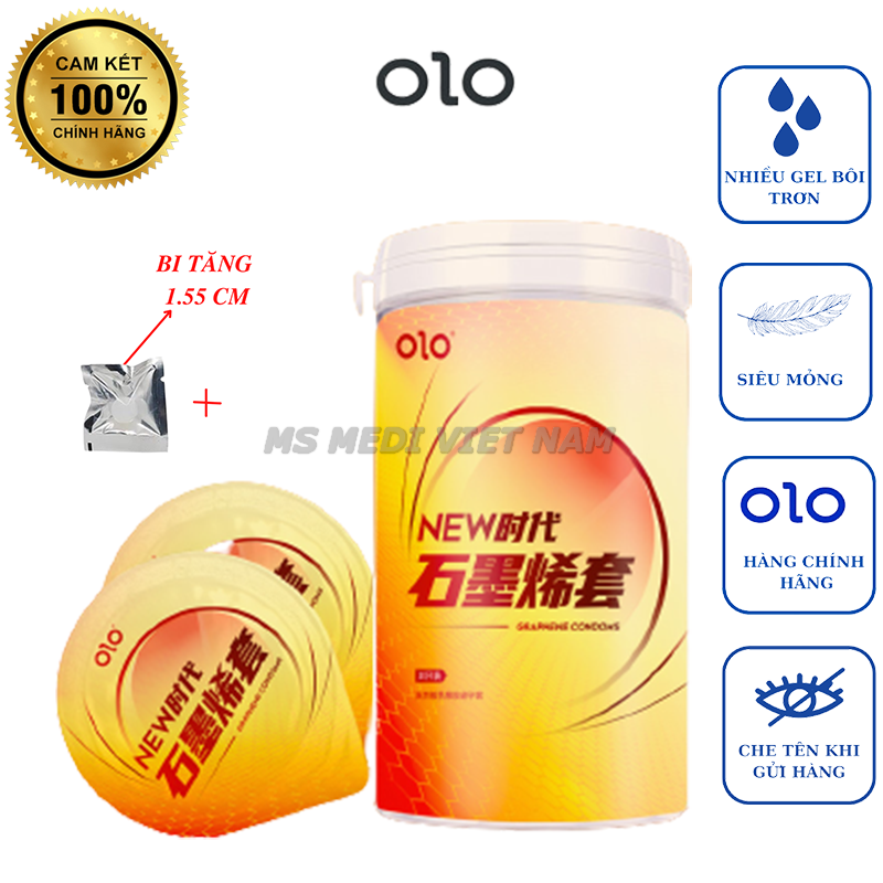 Bao cao su OLO Siêu mỏng 001, gel bôi trơn dầu Graphene siêu dẫn nhiệt + hạt tăng kích thước.- Hộp 10 Cái.