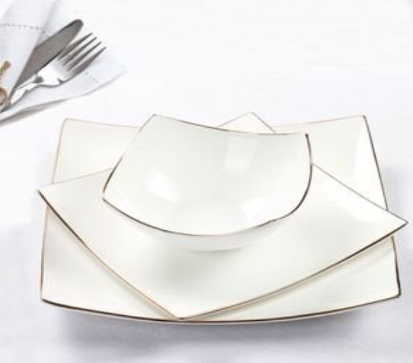 Đĩa vuông trơn sứ xương cao cấp viền vàng phong cách hiện đại 26x26cm WHITE 5537L