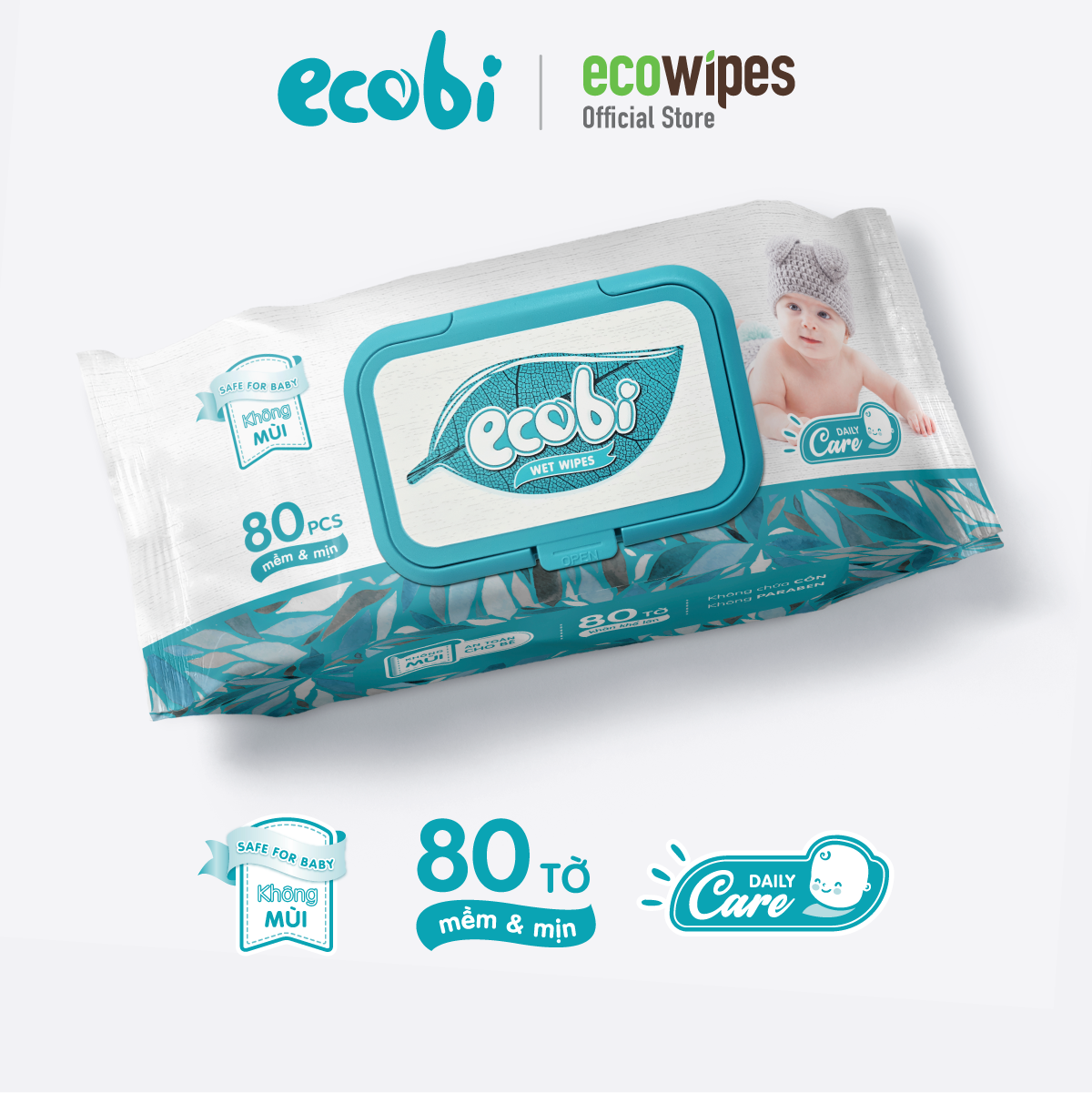 Khăn ướt cho bé Ecowipes gói 80 tờ Ecobi không mùi không paraben an toàn cho làn da nhạy cảm của trẻ sơ sinh