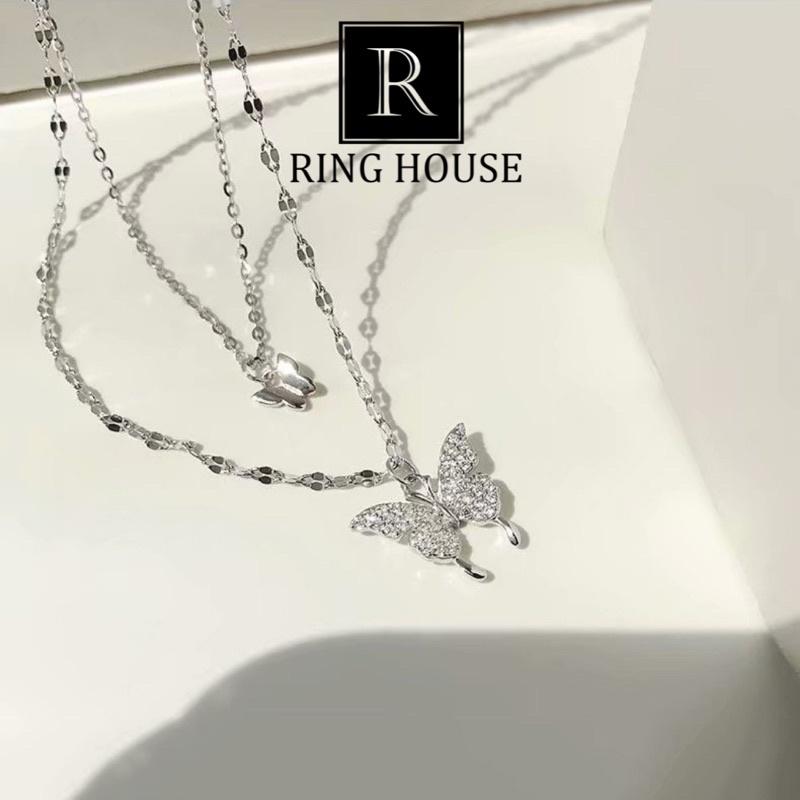 Dây Chuyền Vòng Cổ Nữ Double Dây Con Bướm Bạc Titan Không Đen Ring House