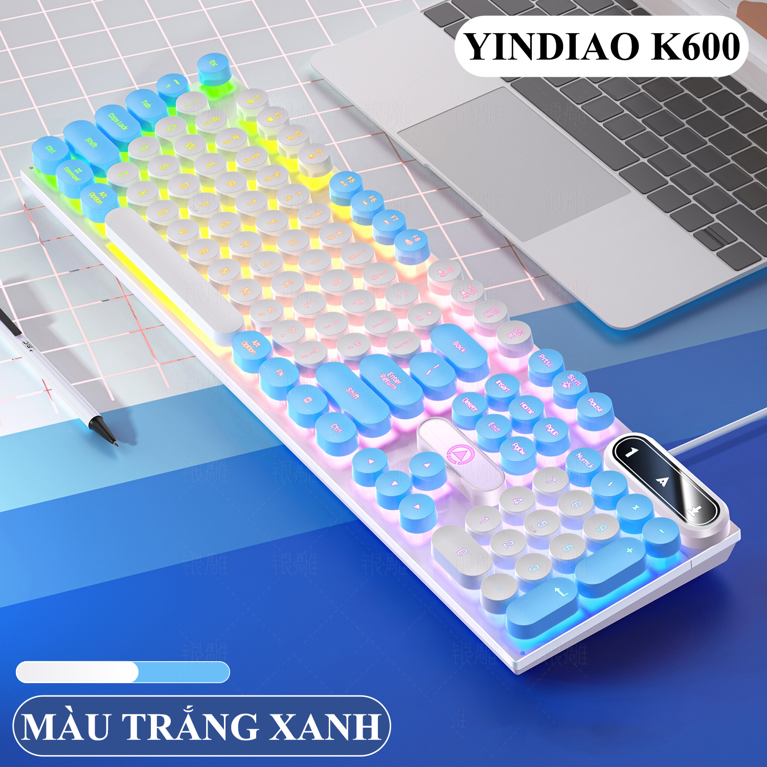 Bàn phím YINDIAO K600 giả cơ nút tròn nhiều màu sắc và có đèn led xuyên phím chuyên game - Hàng Chính Hãng