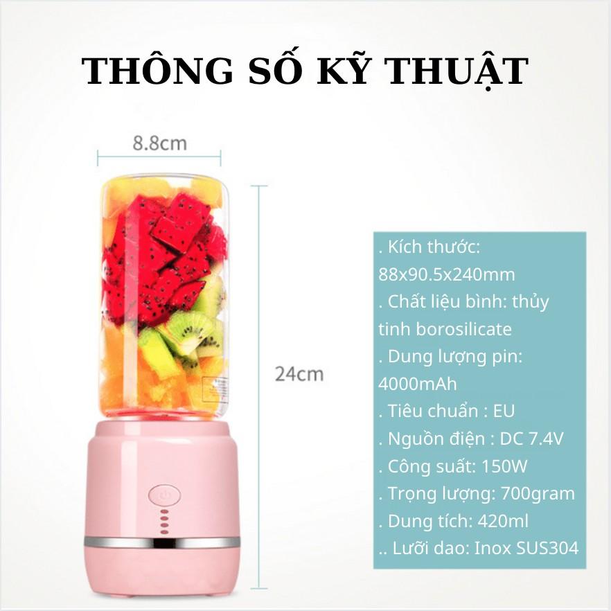 Máy Xay Sinh Tố Cầm Tay Mini Thủy Tinh 6 Lưỡi Inox SUS304 Xay Được Đá Nhỏ