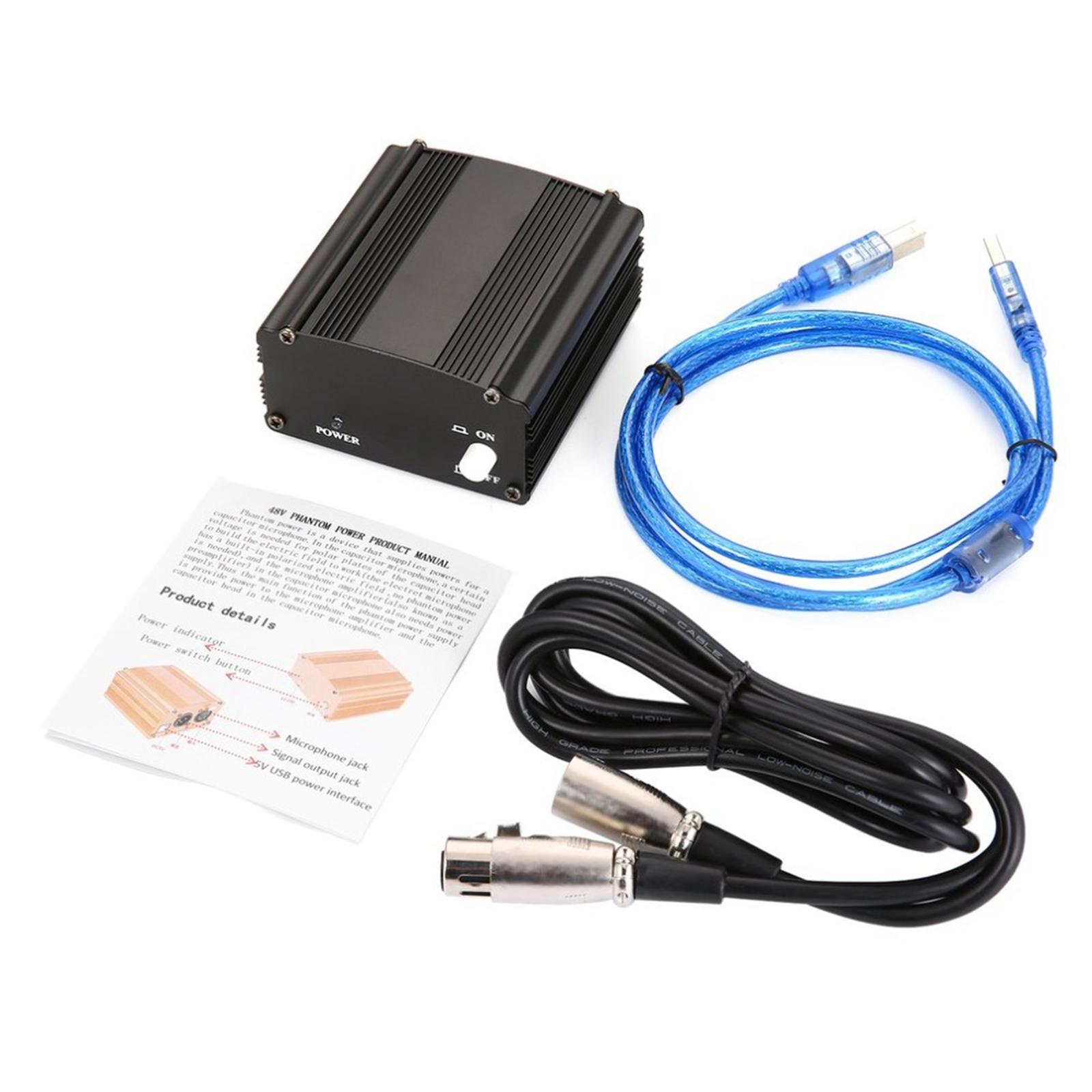 48V  Power Supply with XLR 3 Pin Microphone Cable for Mic Black