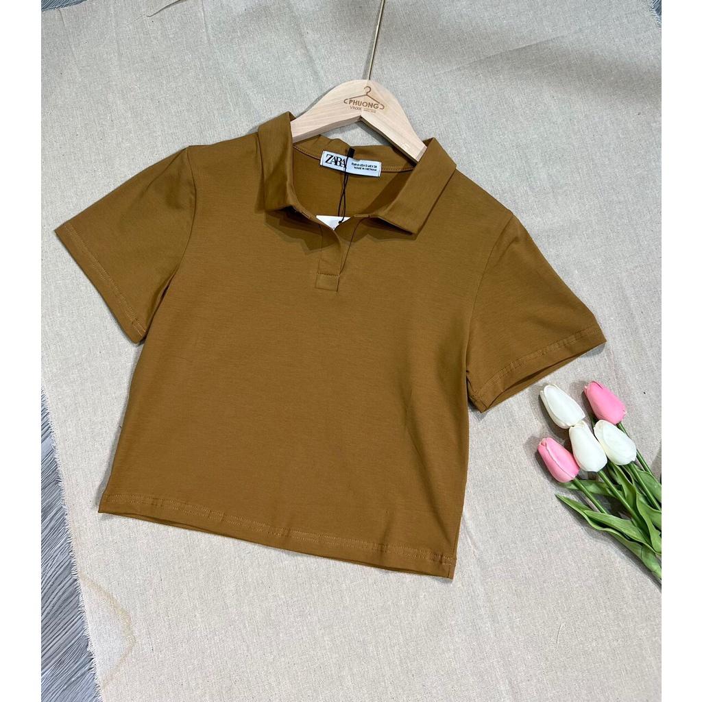 Áo croptop có cổ polo V nữ dáng suông tay ngắn chất cotton Simple cao cấp màu đen trắng đi chơi, đi làm