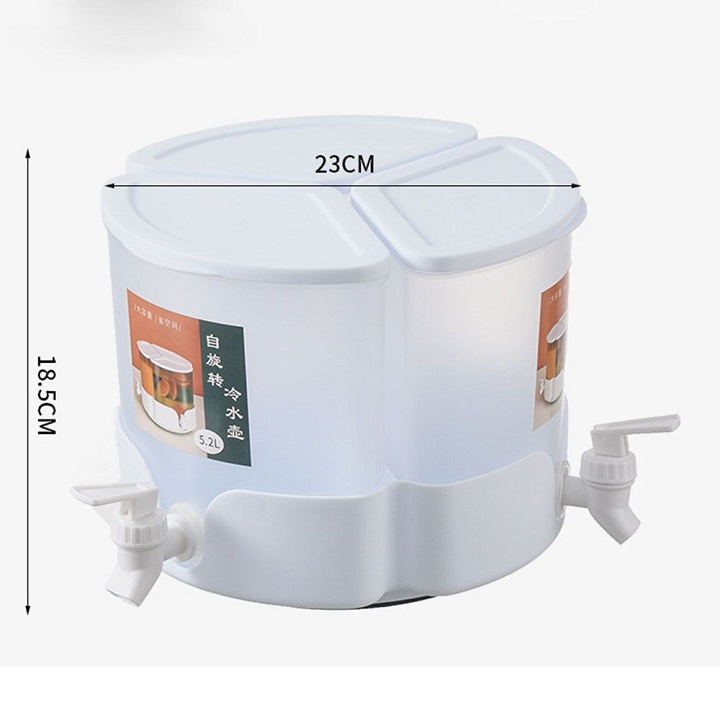 Bình đựng nước 3 ngăn riêng xoay tròn 360 kèm vòi - Bình nhựa cao cấp 5.2L tháo lắp đa năng để bàn và tủ lạnh gia đình