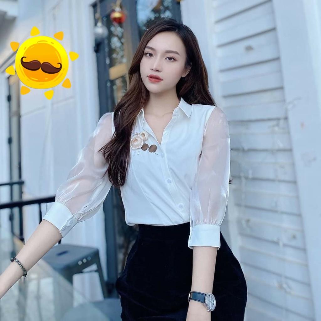 Áo sơ mi nữ công sở thời trang SURI cổ sơ mi,áo thêu hoa trước ngực,tay lưới thật trẻ trung