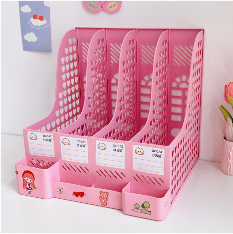 Khay đựng sách tài liệu cute 8 ngăn trái tim xinh xắn, giá sách kèm ống bút để bàn học làm việc decor đa năng