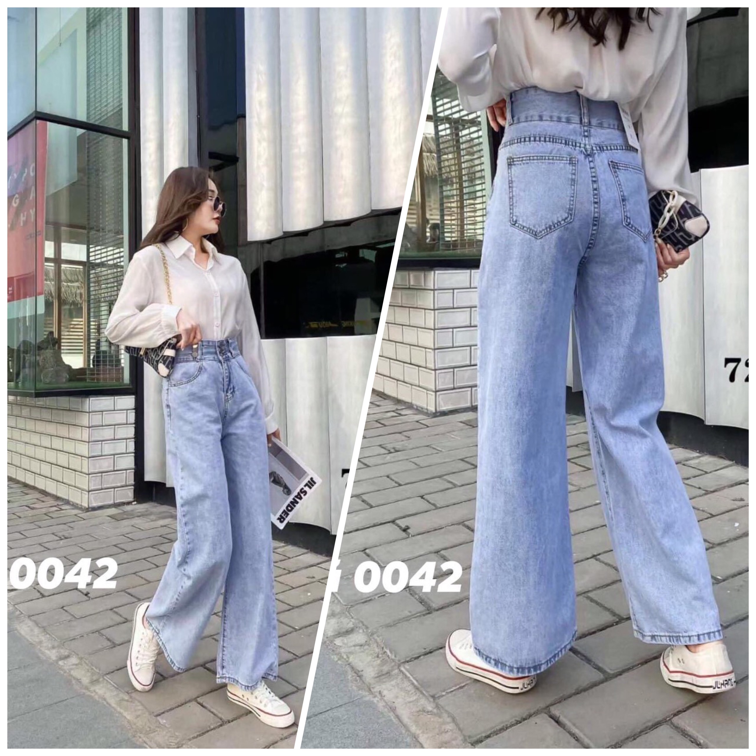 Quần Jeans Nữ Ống Rộng Cạp Cao Phối Nút - 0042