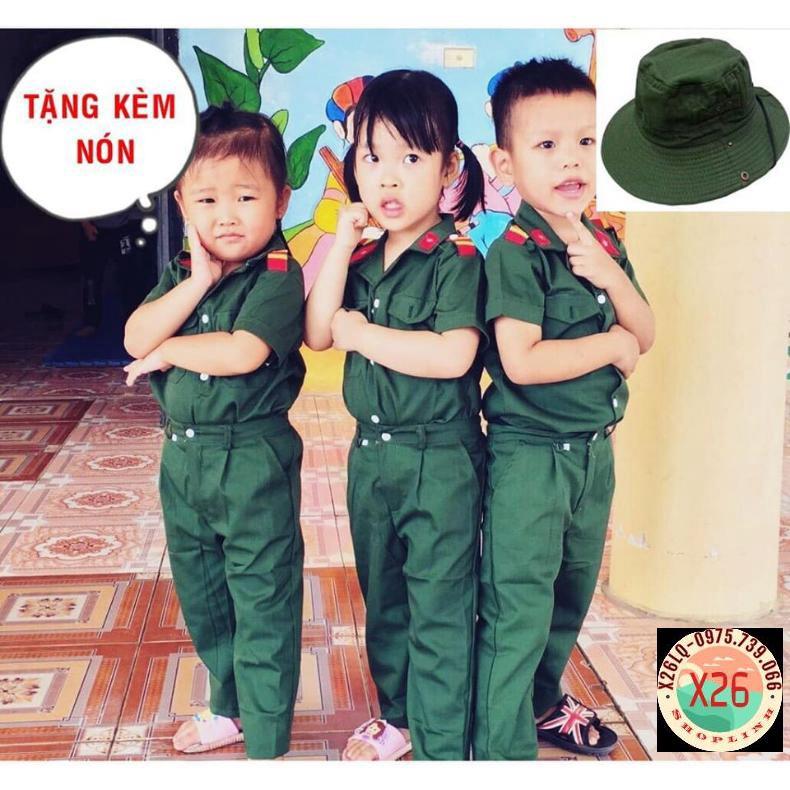 Bộ quần áo trẻ em bộ đội kèm nón tai bèo