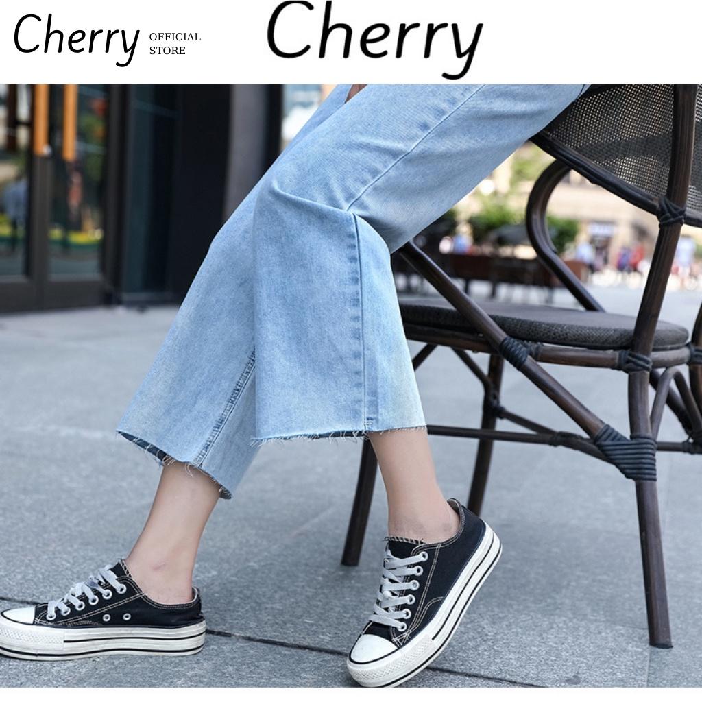 Quần jean nữ ống rộng lưng cao dáng lửng ngắn phong cách Hàn Quốc CHERRY, quần bò nữ ống đứng lửng bigsize cạp cao T038