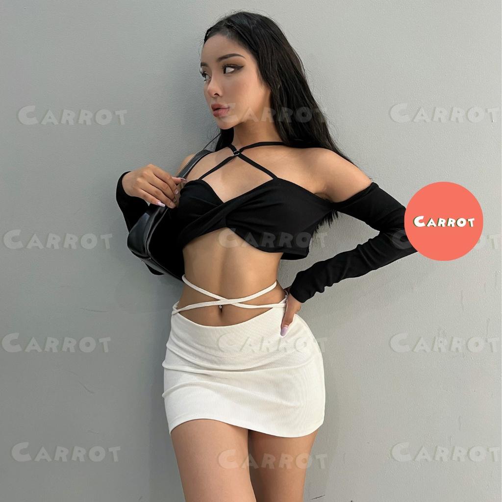 Áo croptop đen tay dài sexy cột dây tôn dáng trendy thời trang nữ carrotxinhdep đi chơi đi du lịch