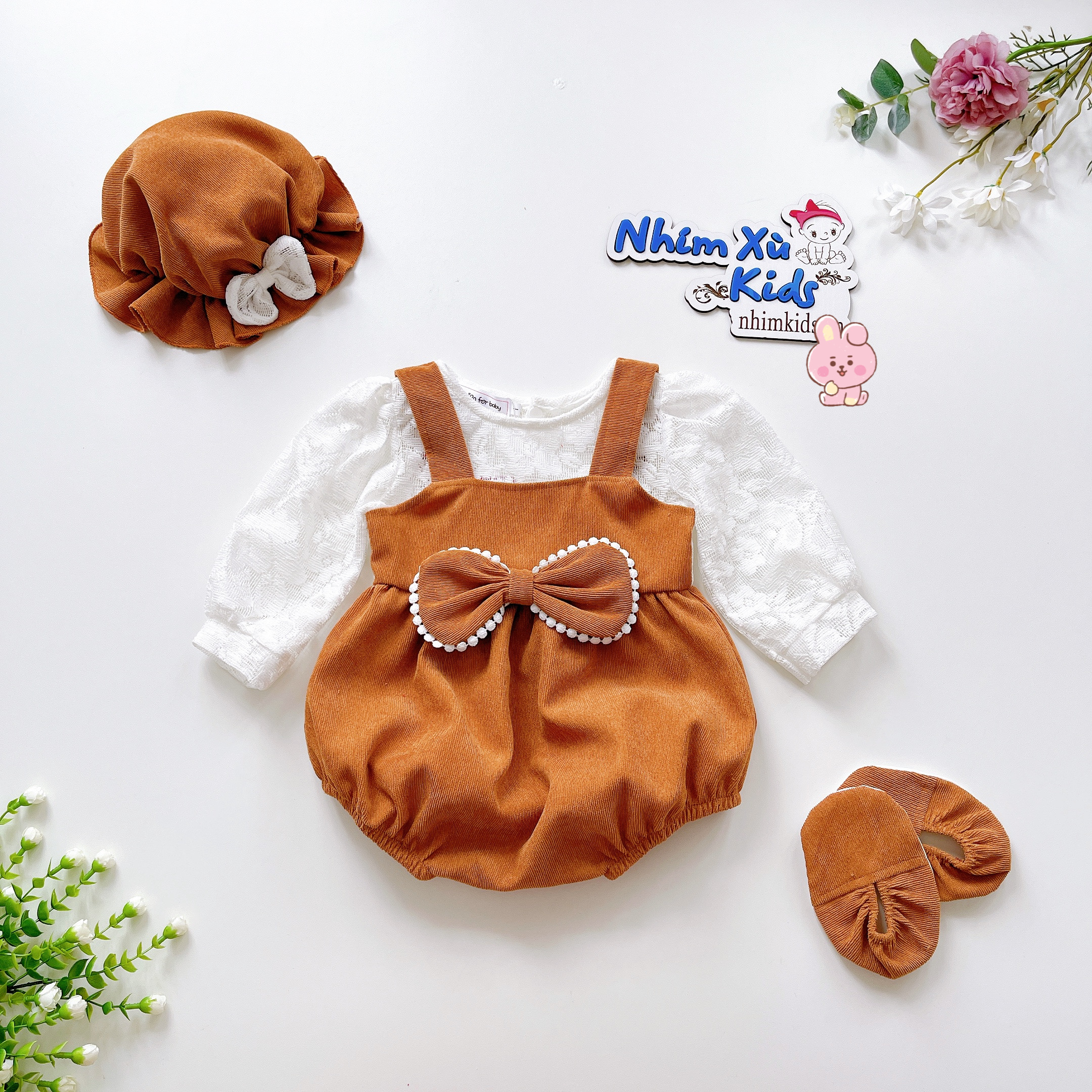 Body Nhung Tăm Nâu Tây Phối Nơ Viền Ren Sang Chảnh Bé Gái 3-12kg