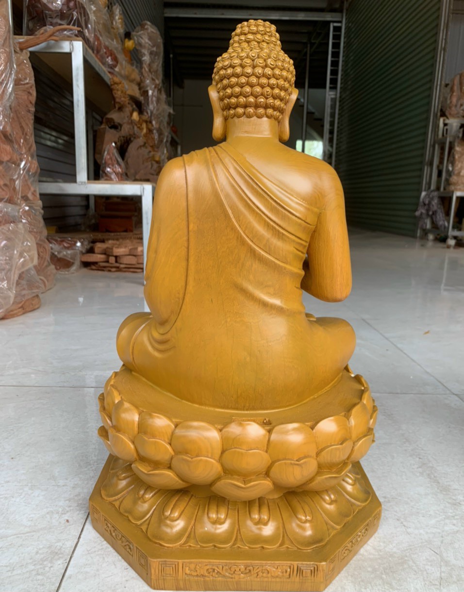 Bộ tượng phật tam thánh bằng gỗ hương đá sơn vàng kt cao 50×35×30cm+lá chắn hào quang là 65cm