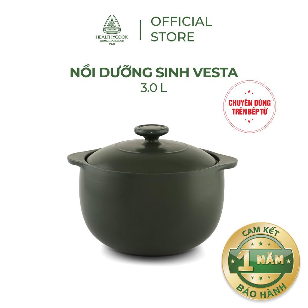 Nồi dưỡng sinh Vesta (Nồi tròn cao) 3.0 L + nắp (CK) (bếp từ)  Healthy Cook Xanh Rêu Sứ cao cấp Minh Long