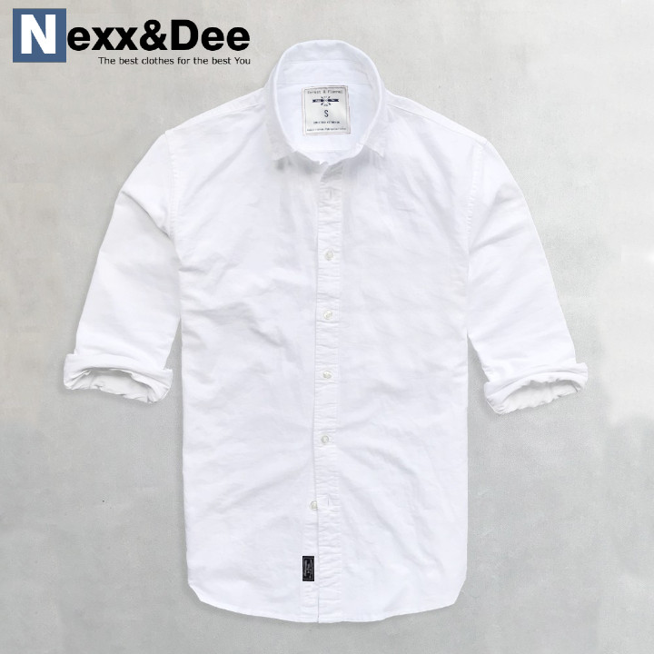 Áo sơ mi nam tay dài màu trắng công sở không túi vải oxford denim cao cấp ND02