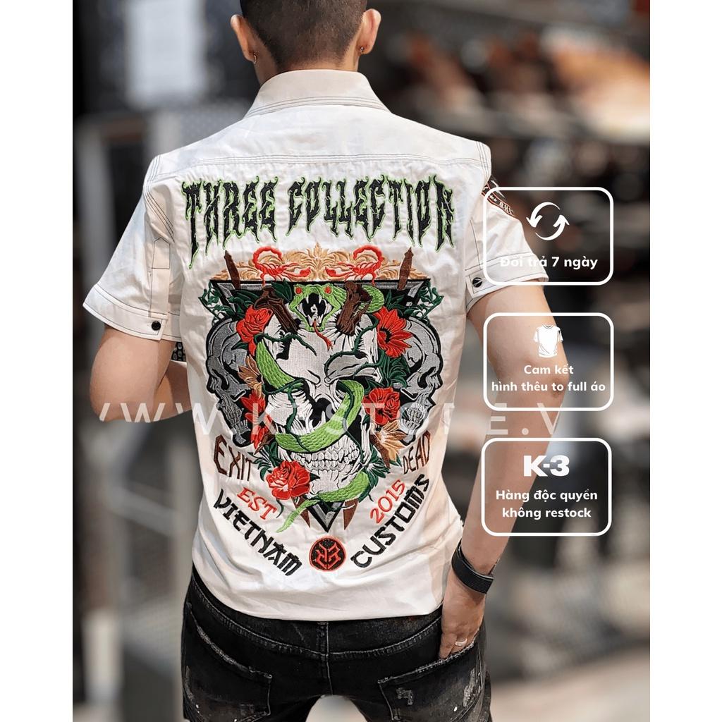 Áo sơ mi trắng nam tay ngắn thêu snake head thêu full áo chất kaki co dãn nhẹ hàng chính hãng K3 STORE