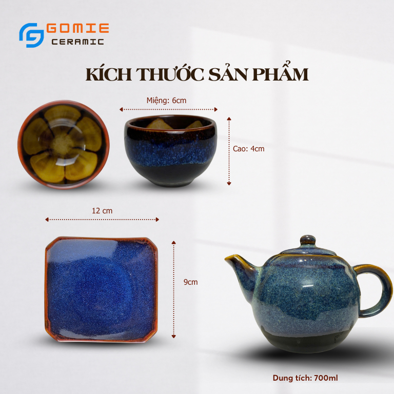 Bộ Ấm Bầu lòng chén đúc hoa HB Xanh Sóng Biển đầy đủ phụ kiện